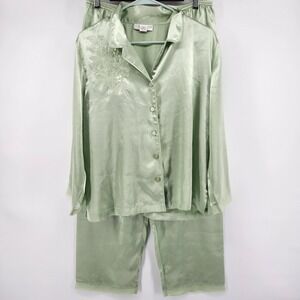 Morgan Taylor Intimates Pajama Set Womens Large Sage Green Satin Floral Beaded